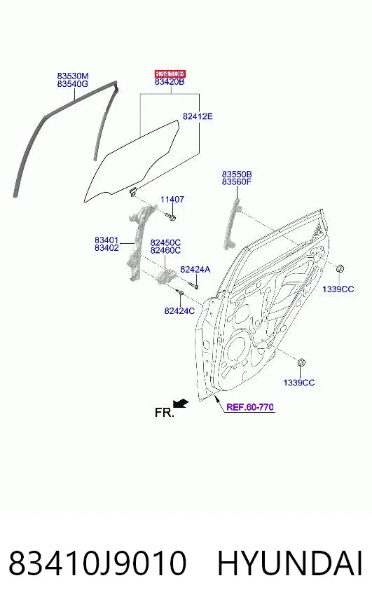 Стекло двери задней левой 83410J9010 Hyundai/Kia