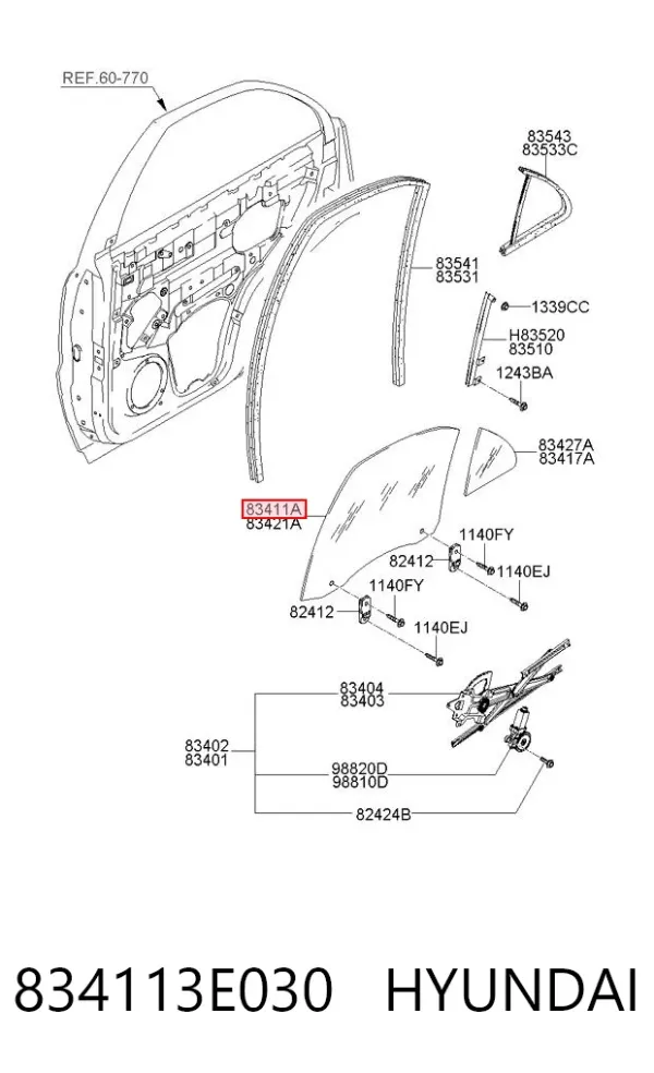 Стекло двери задней левой 834113E030 Hyundai/Kia