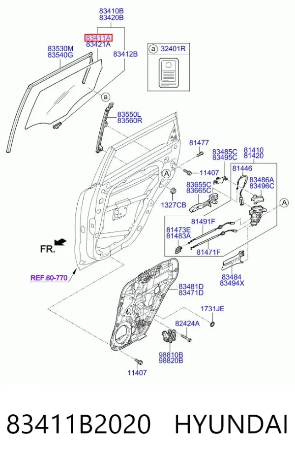 Стекло двери задней левой 83411B2020 Hyundai/Kia