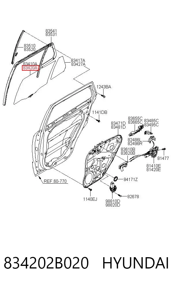 Стекло двери задней правой 834202B020 Hyundai/Kia