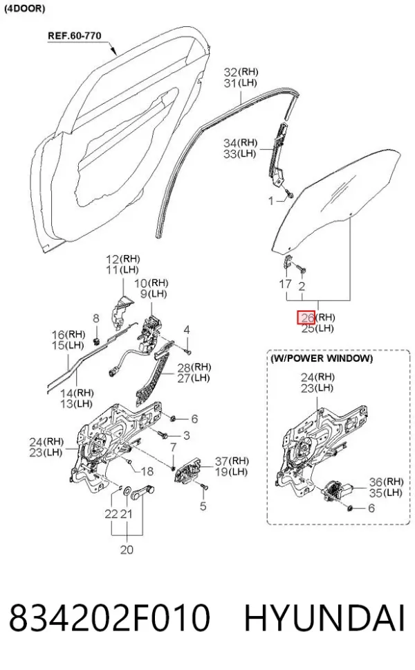 Стекло двери задней правой 834202F010 Hyundai/Kia