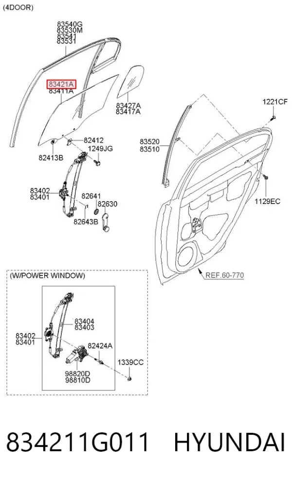 Стекло двери задней правой 834211G011 Hyundai/Kia
