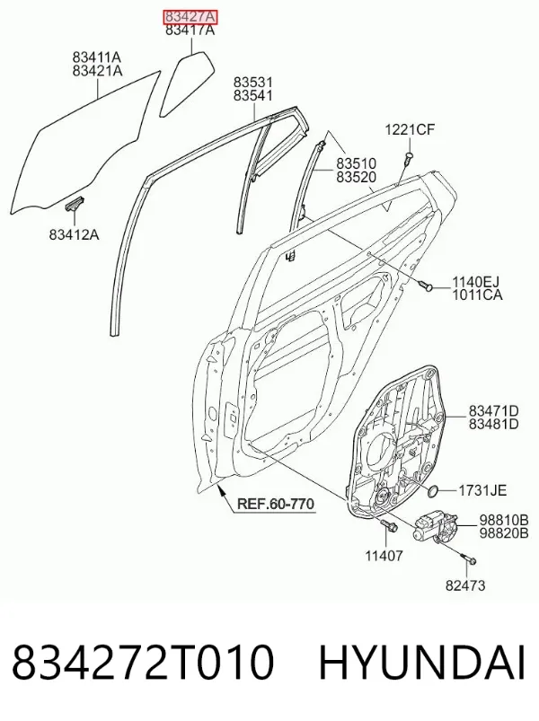 Стекло-форточка двери задней правой 834272T010 Hyundai/Kia