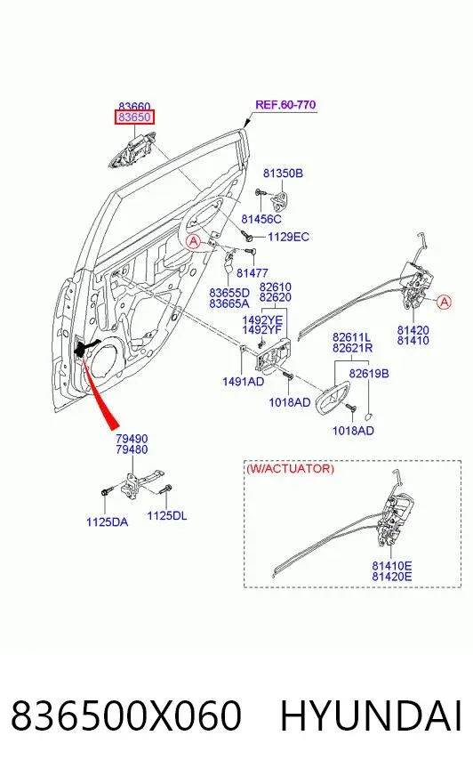 Ручка двери задней наружная левая 836500X060 Hyundai/Kia