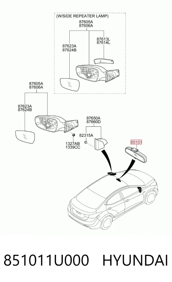 Зеркало заднего вида 851011U000 Hyundai/Kia