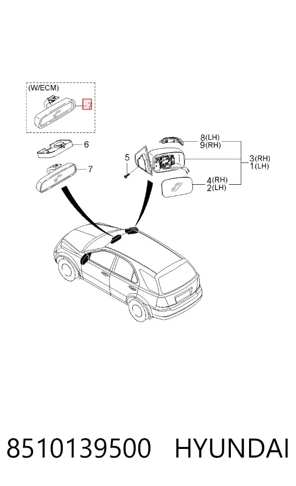 Зеркало заднего вида 8510139500 Hyundai/Kia