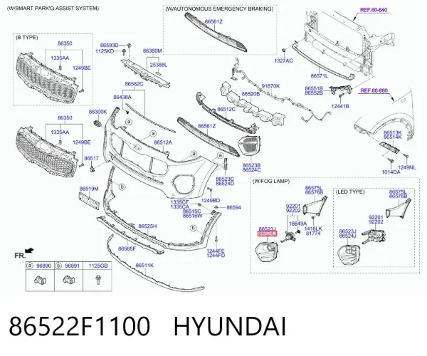 Заглушка (решетка) противотуманных фар бампера переднего правая 86522F1100 Hyundai/Kia