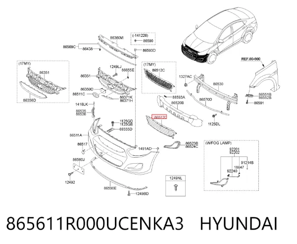 Решетка бампера переднего 865611R000UCENKA3 Hyundai/Kia