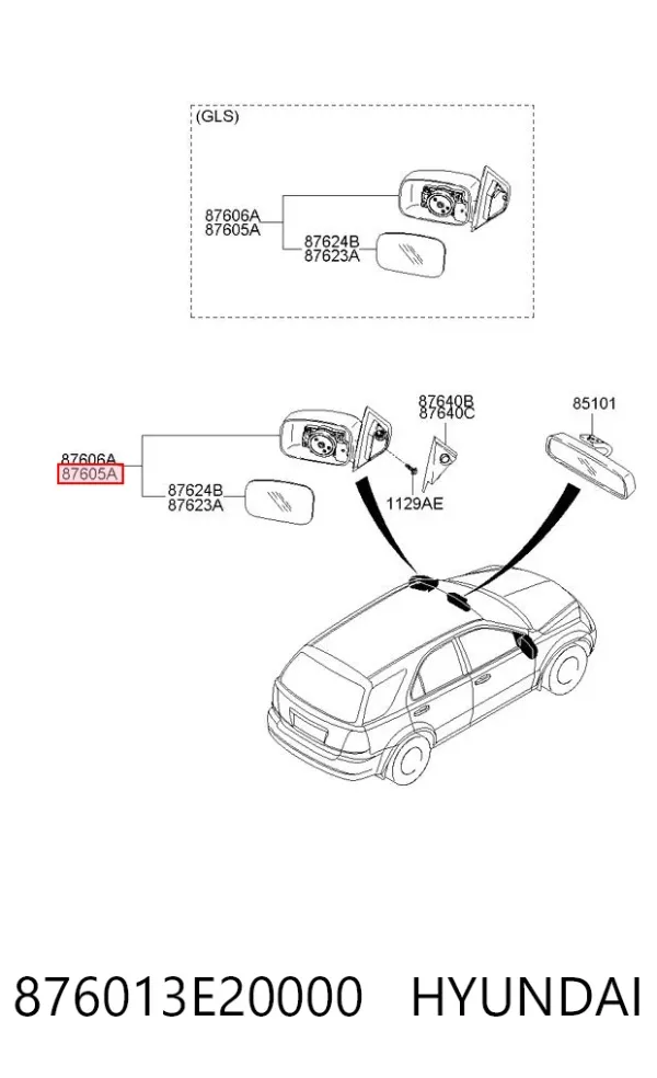 Левое боковое зеркало 876013E20000 Hyundai/Kia