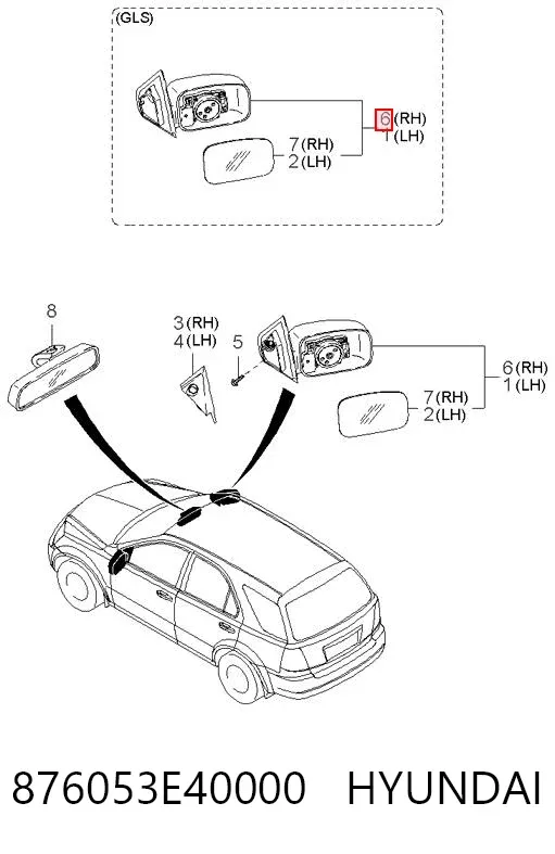 Правое зеркало 876053E40000 Hyundai/Kia