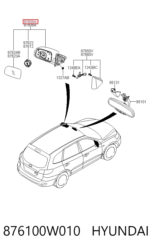 Левое боковое зеркало 876100W010 Hyundai/Kia
