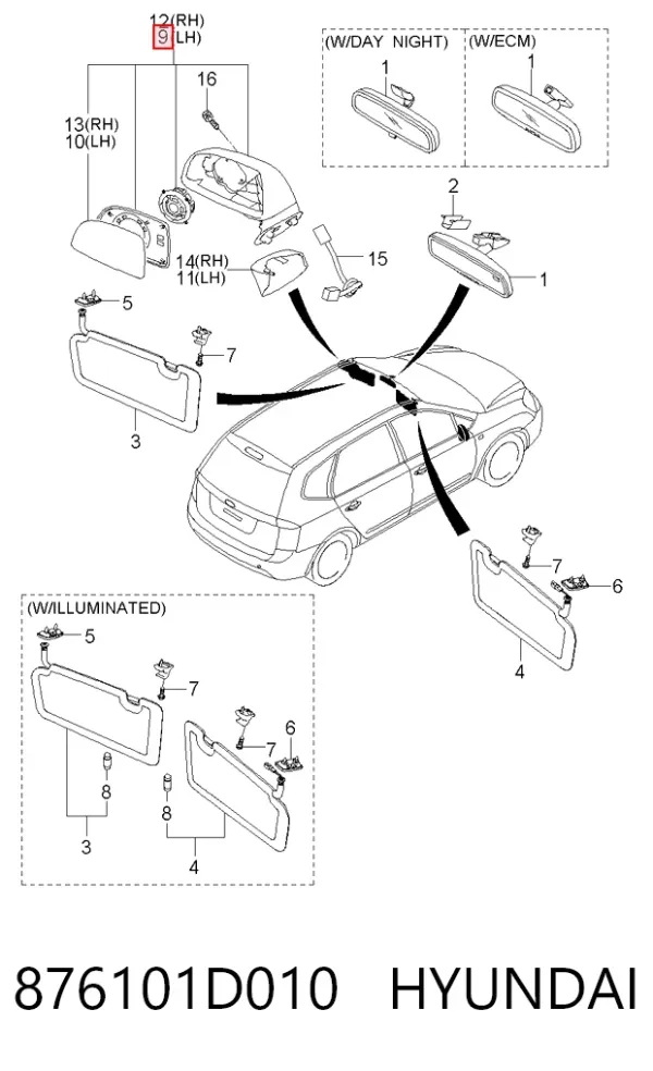 Левое боковое зеркало 876101D010 Hyundai/Kia