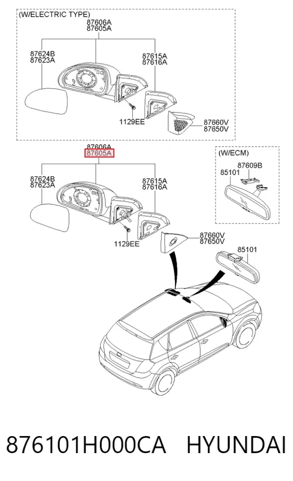 Левое боковое зеркало 876101H000CA Hyundai/Kia