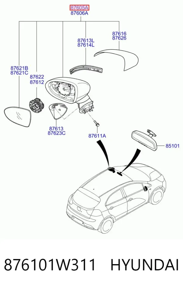 Левое боковое зеркало 876101W311 Hyundai/Kia