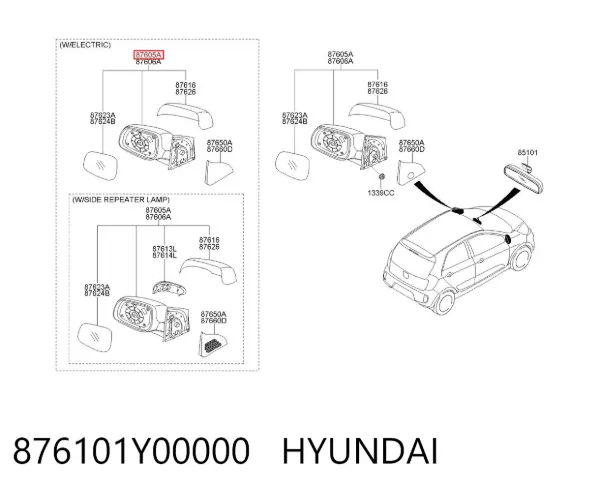 Левое боковое зеркало 876101Y00000 Hyundai/Kia