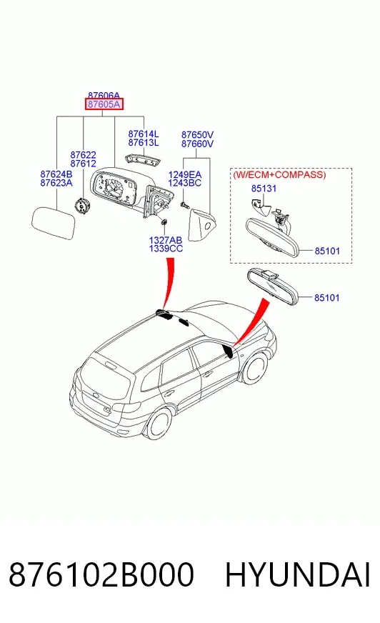 Левое боковое зеркало 876102B000 Hyundai/Kia