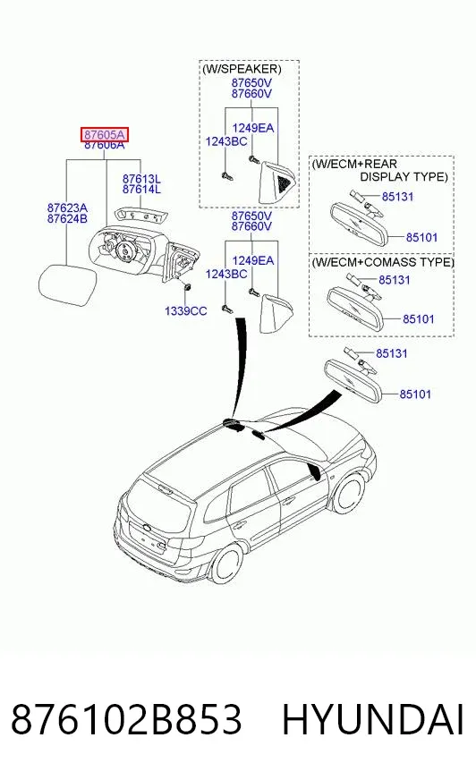 Левое боковое зеркало 876102B853 Hyundai/Kia