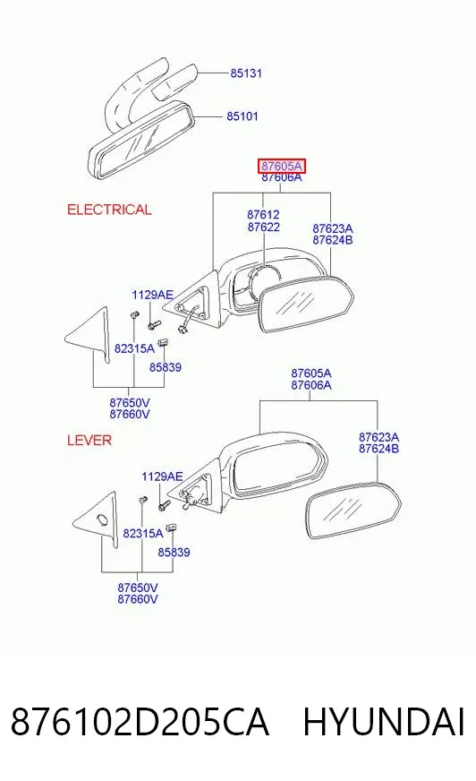 Левое боковое зеркало 876102D205CA Hyundai/Kia