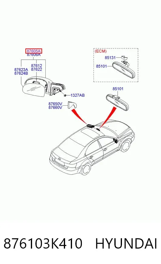Левое боковое зеркало 876103K410 Hyundai/Kia