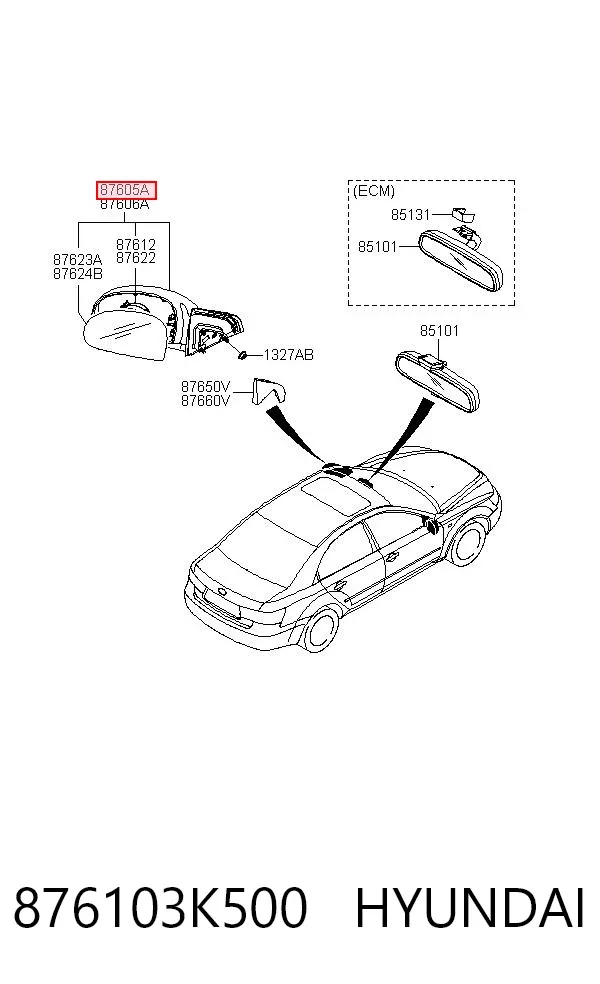 Левое боковое зеркало 876103K500 Hyundai/Kia