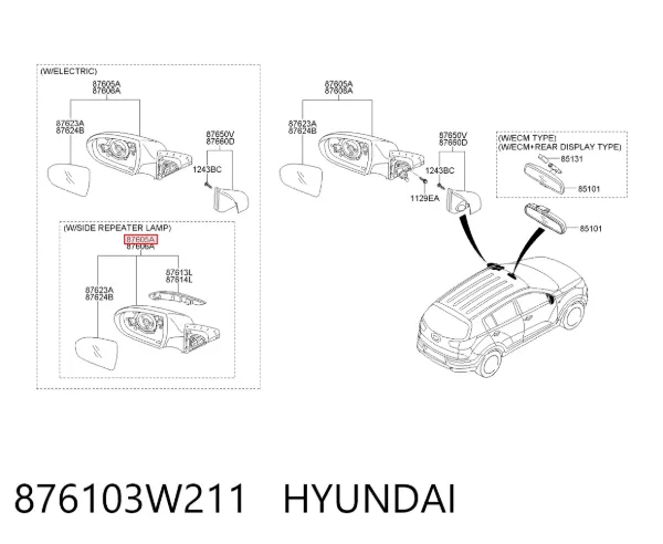 Левое боковое зеркало 876103W211 Hyundai/Kia