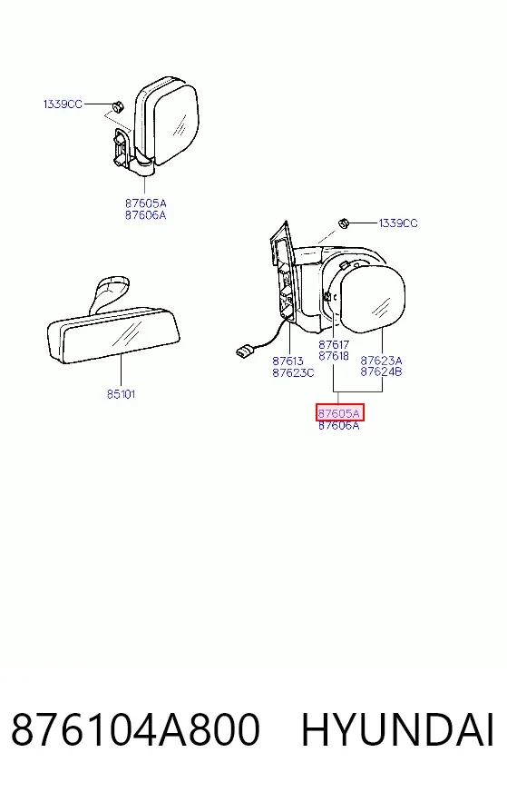 Левое боковое зеркало 876104A800 Hyundai/Kia