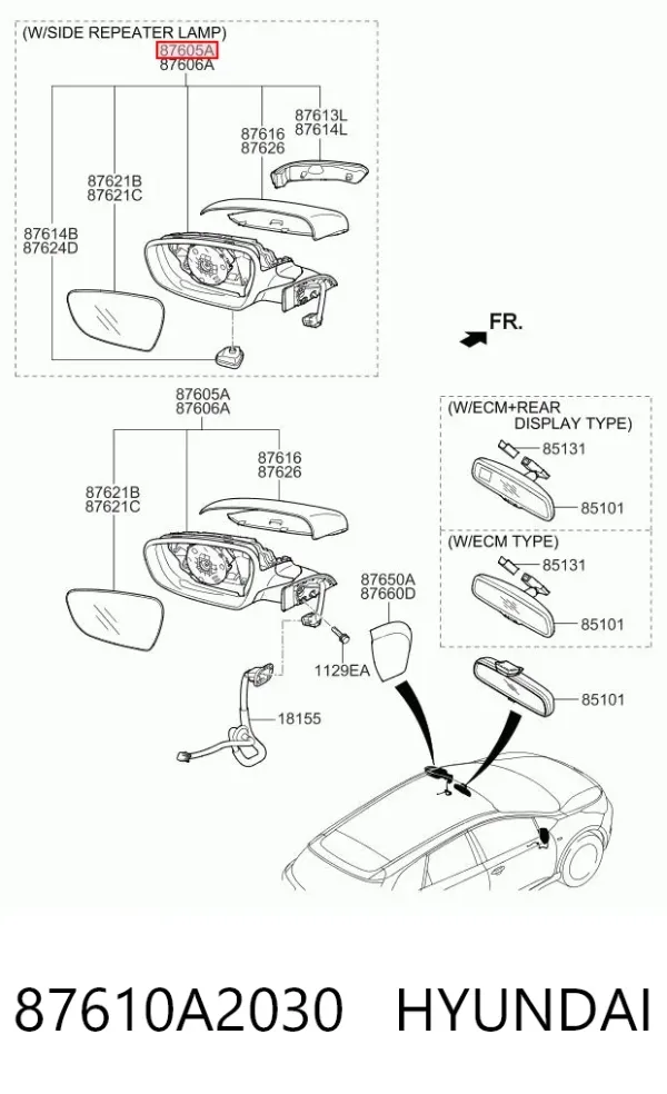 Левое боковое зеркало 87610A2030 Hyundai/Kia