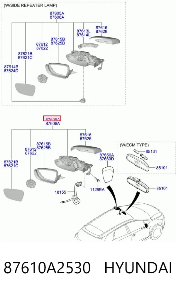 Левое боковое зеркало 87610A2530 Hyundai/Kia