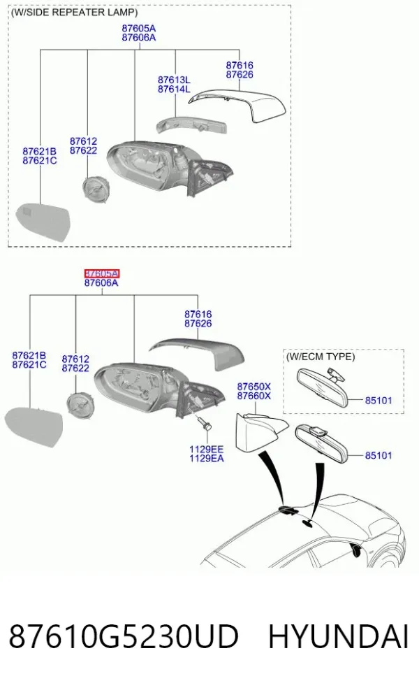 Левое боковое зеркало 87610G5230UD Hyundai/Kia