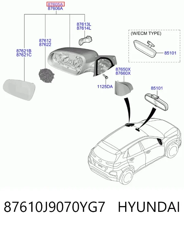 Левое боковое зеркало 87610J9070YG7 Hyundai/Kia