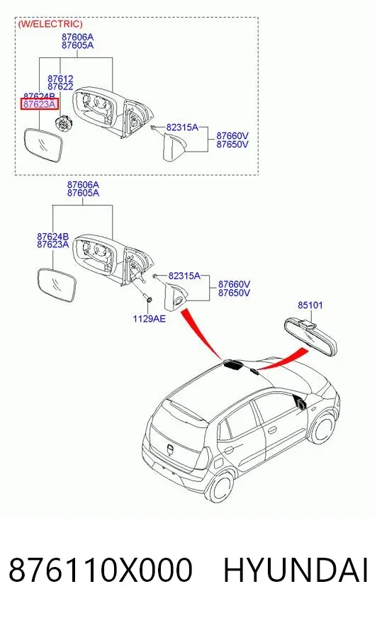 Стекло левого зеркала заднего вида 876110X000 Hyundai/Kia
