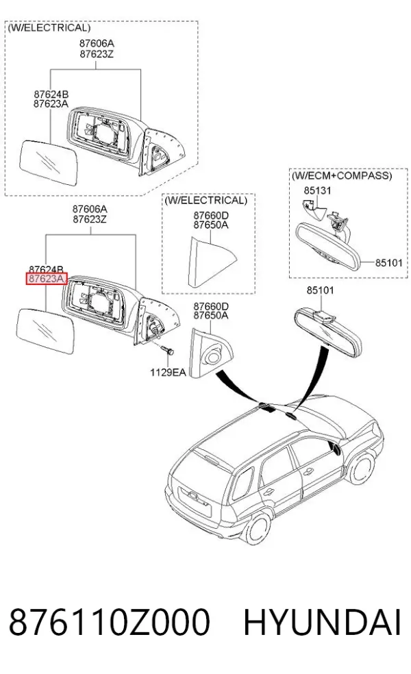 Стекло левого зеркала заднего вида 876110Z000 Hyundai/Kia