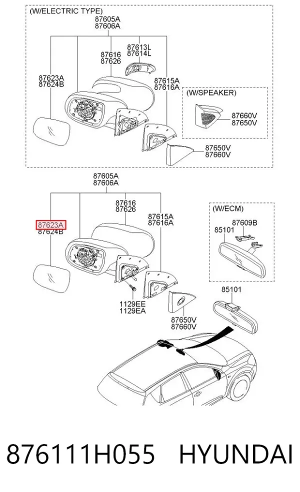 Стекло левого зеркала заднего вида 876111H055 Hyundai/Kia