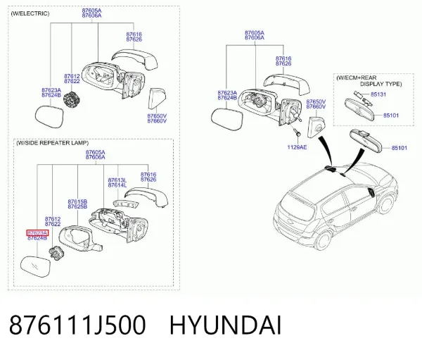 Стекло левого зеркала заднего вида 876111J500 Hyundai/Kia