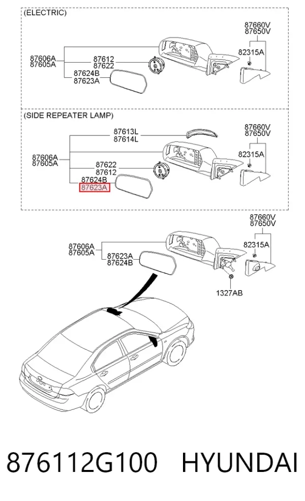 Стекло левого зеркала заднего вида 876112G100 Hyundai/Kia
