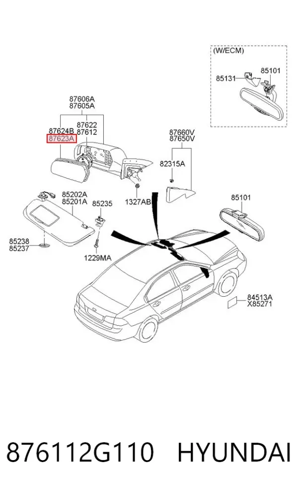 Стекло левого зеркала заднего вида 876112G110 Hyundai/Kia