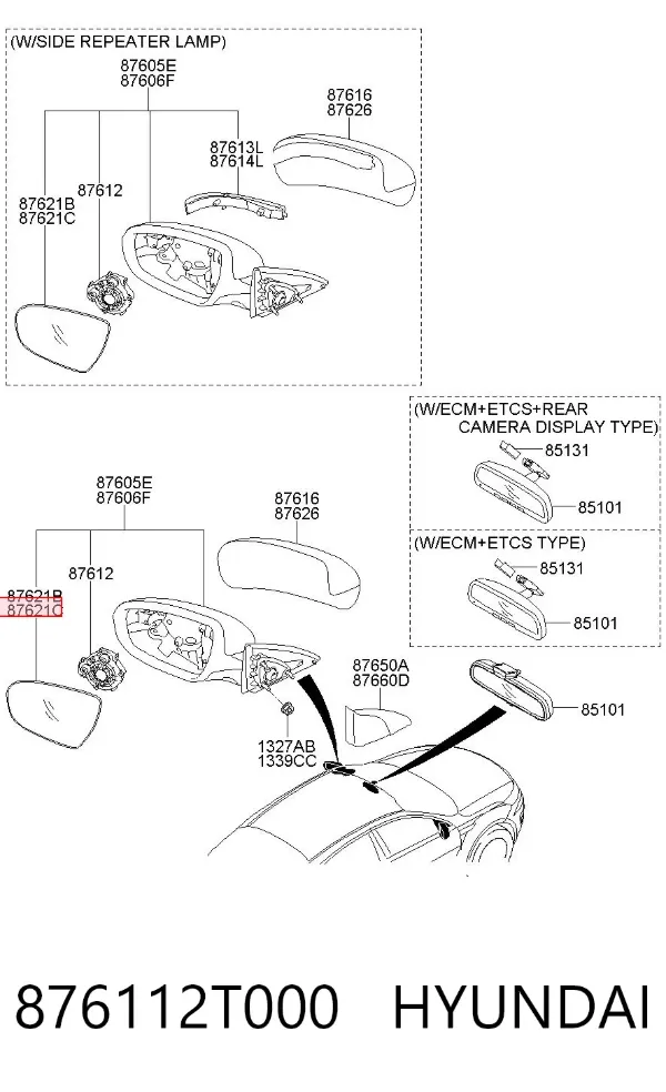Стекло левого зеркала заднего вида 876112T000 Hyundai/Kia