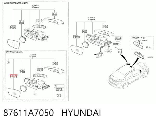 Стекло левого зеркала заднего вида 87611A7050 Hyundai/Kia