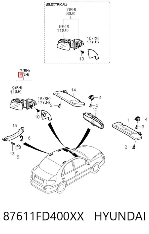 Левое боковое зеркало 87611FD400XX Hyundai/Kia