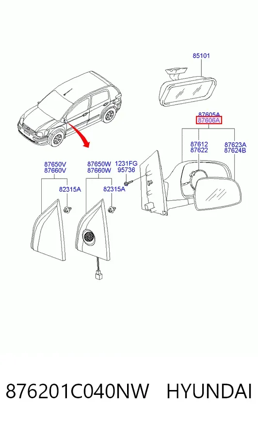 Правое зеркало 876201C040NW Hyundai/Kia