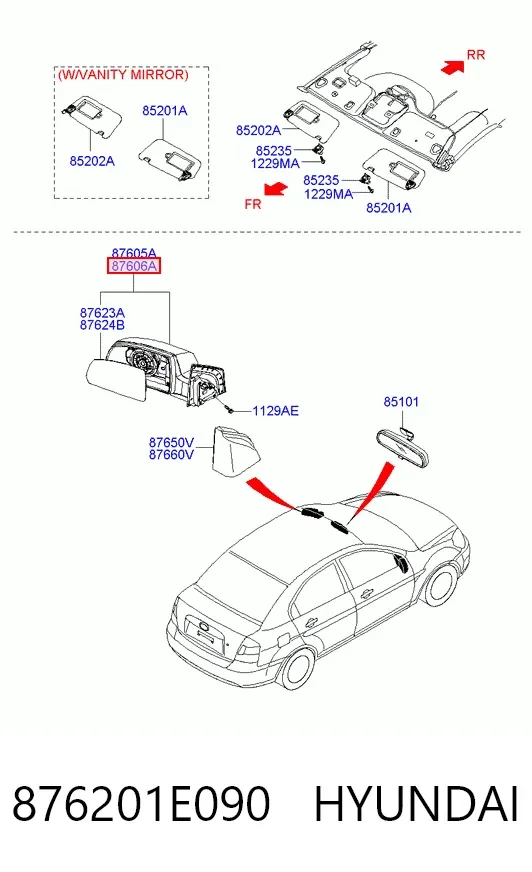 Правое зеркало 876201E090 Hyundai/Kia