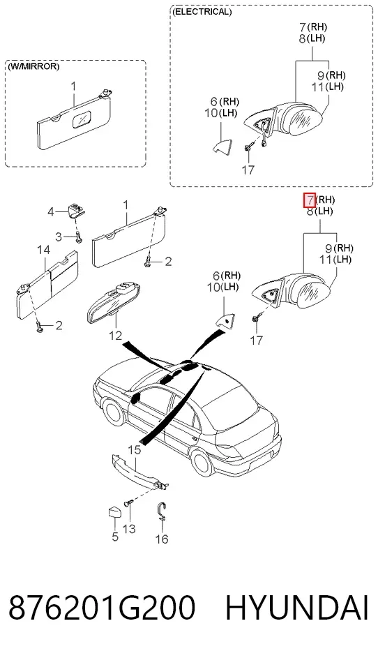 Правое зеркало 876201G200 Hyundai/Kia
