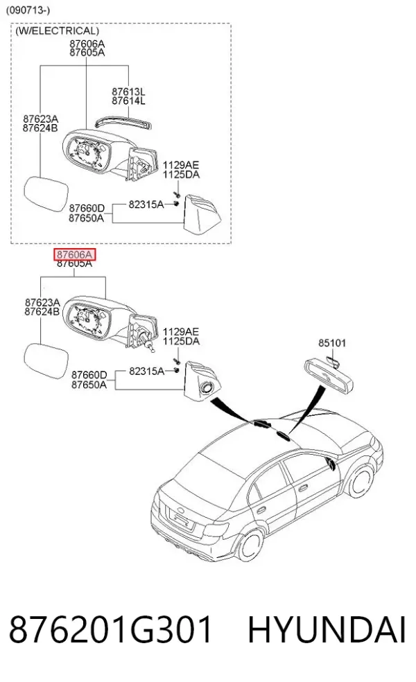 Правое зеркало 876201G301 Hyundai/Kia