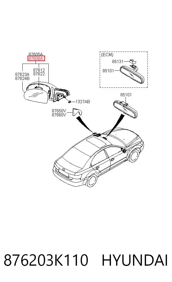 Правое зеркало 876203K110 Hyundai/Kia