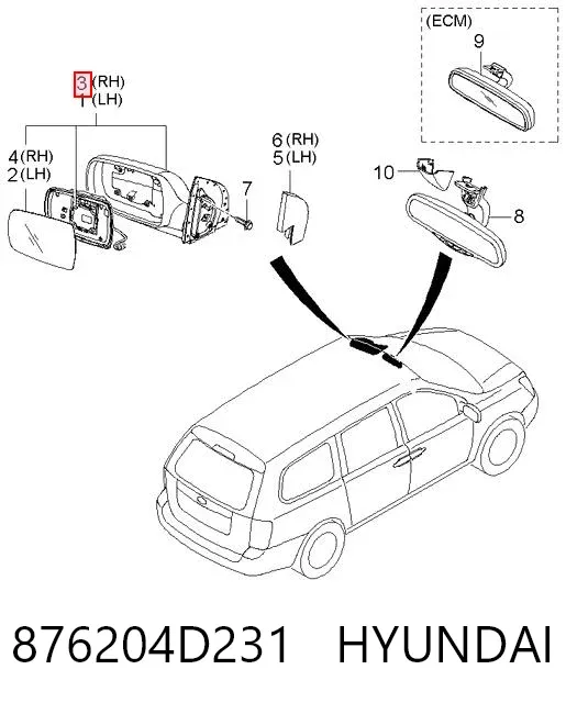 Правое зеркало 876204D231 Hyundai/Kia
