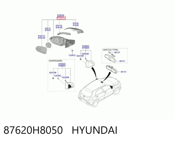 Правое зеркало 87620H8050 Hyundai/Kia