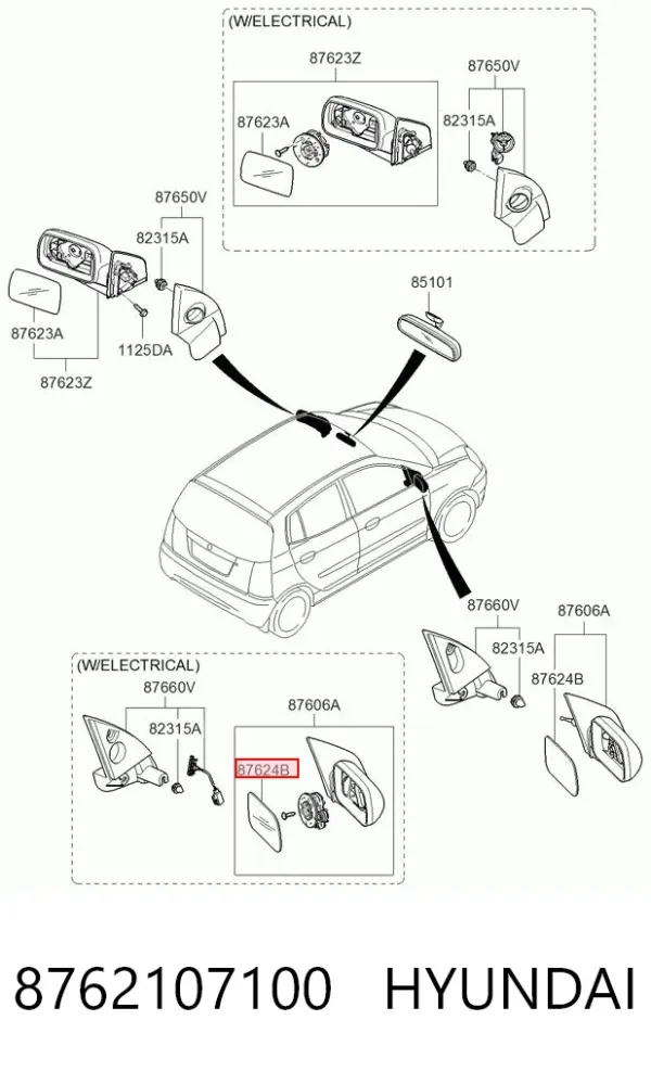Стекло правого зеркала заднего вида 8762107100 Hyundai/Kia