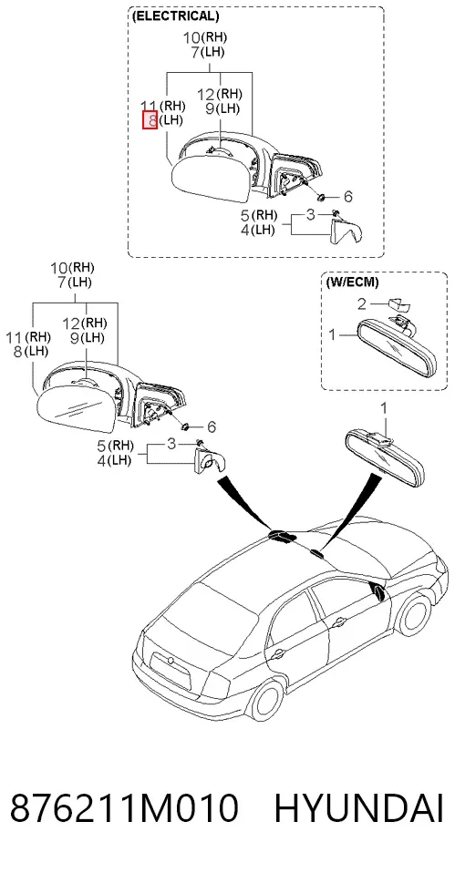Стекло правого зеркала заднего вида 876211M010 Hyundai/Kia