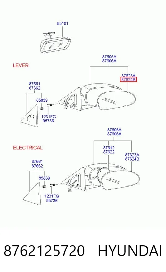 Стекло правого зеркала заднего вида 8762125720 Hyundai/Kia