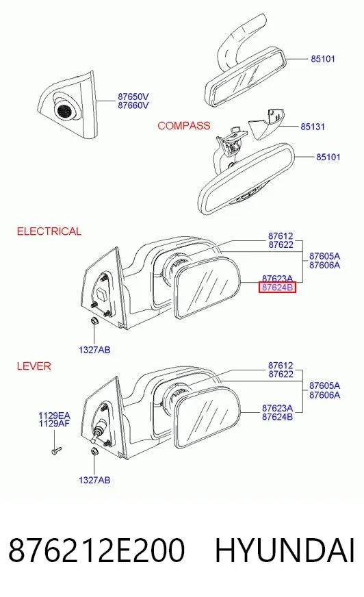 Стекло правого зеркала заднего вида 876212E200 Hyundai/Kia